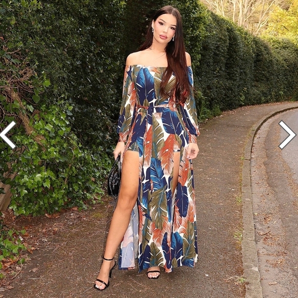 Fashion Nova Curve Night Moves Off-Shoulder Romper Maxi Dress Olive Combo Size L - Picture 5 of 16